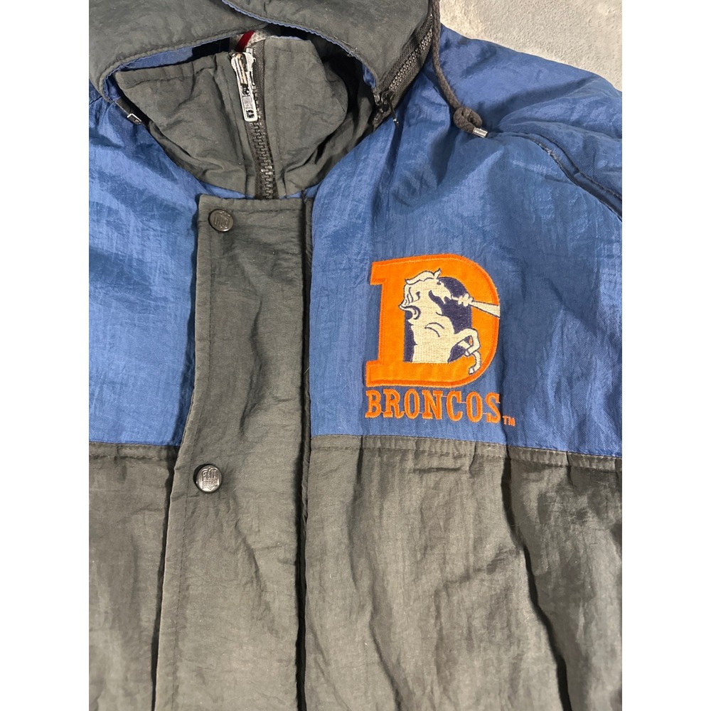 Vintage Pro Player Denver Broncos Puffer Jacket Blue Black Hooded Mens Large NFL - Picture 6 of 16